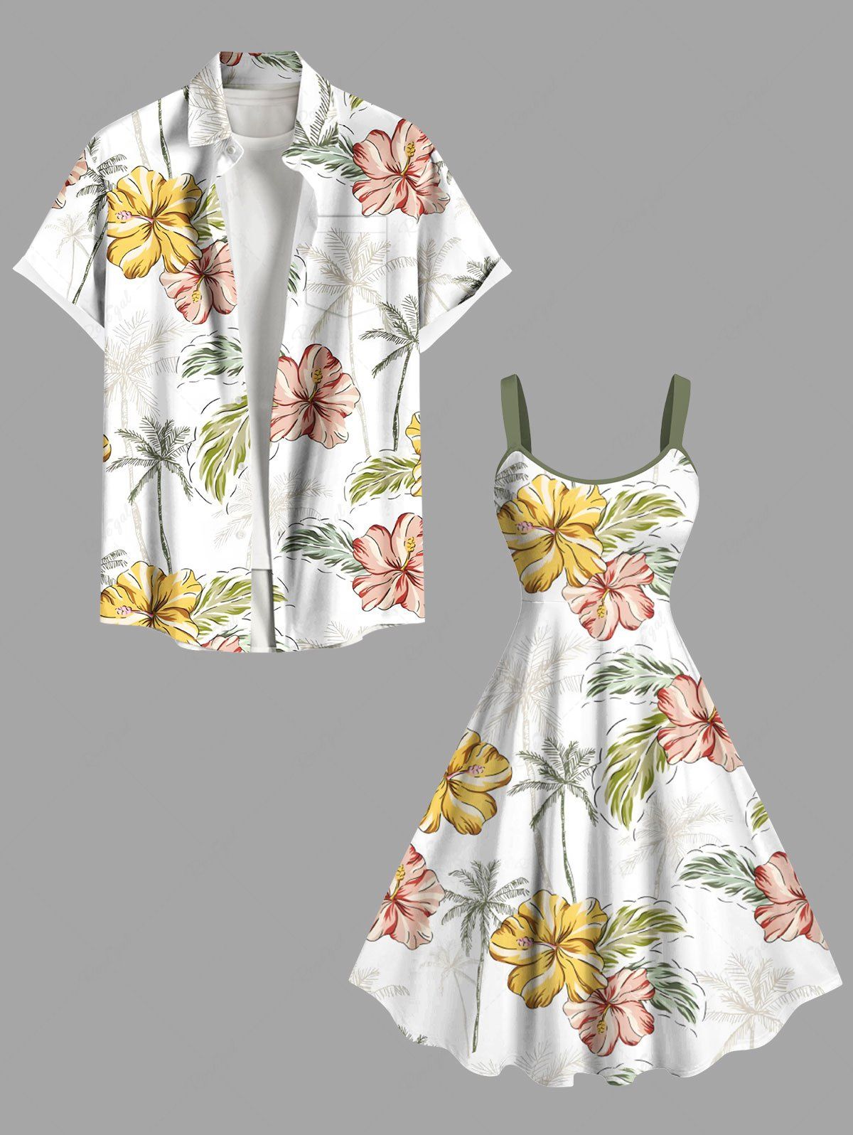 Hibiscus Flower Leaf Coconut Tree Tropical Print Plus Size Matching Hawaii Beach Outfit For Couples Blanc 