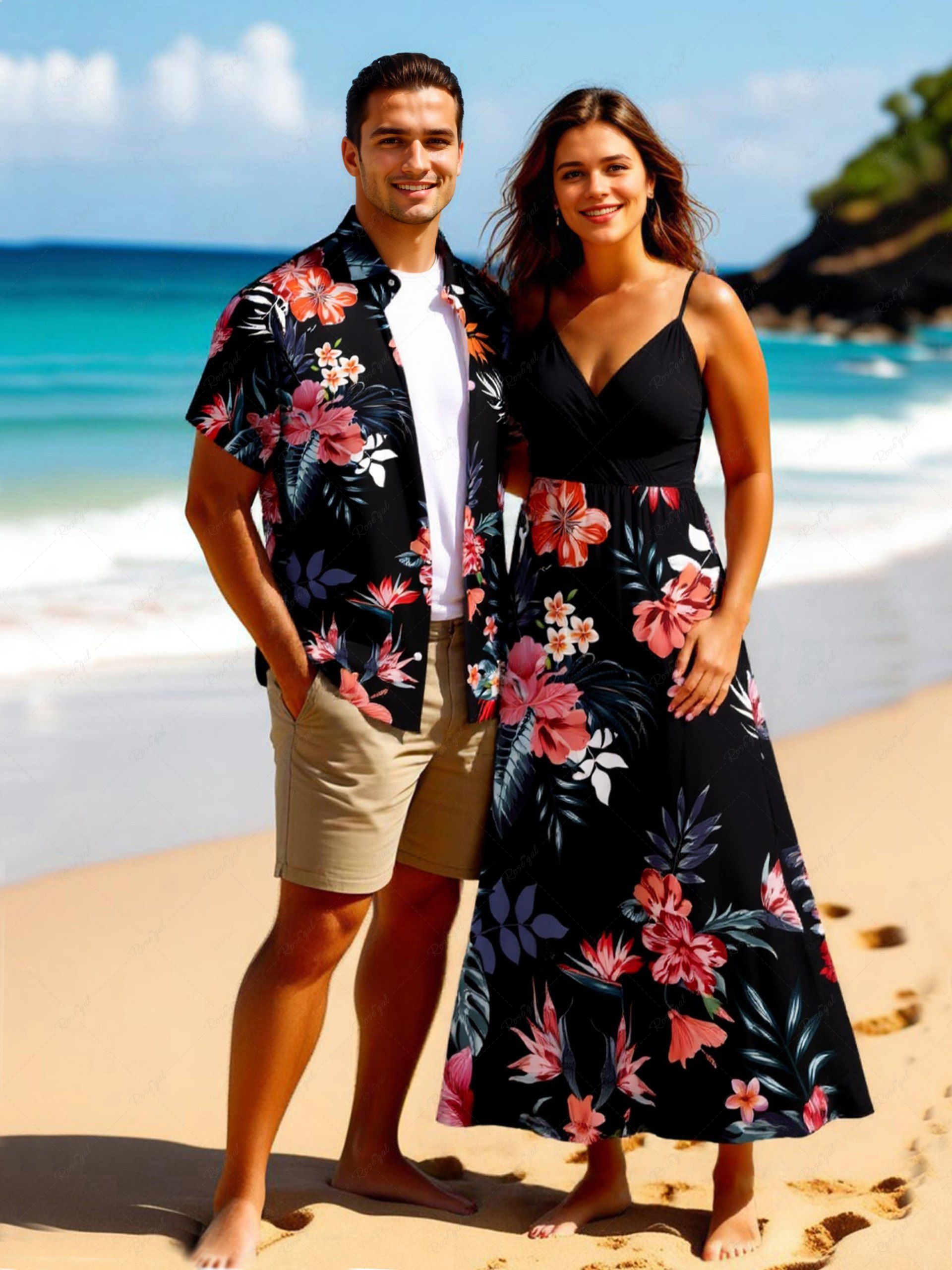 Tenue de plage hawaïenne assortie grande taille à imprimé feuilles tropicales et fleurs d'hibiscus pour couples Noir 