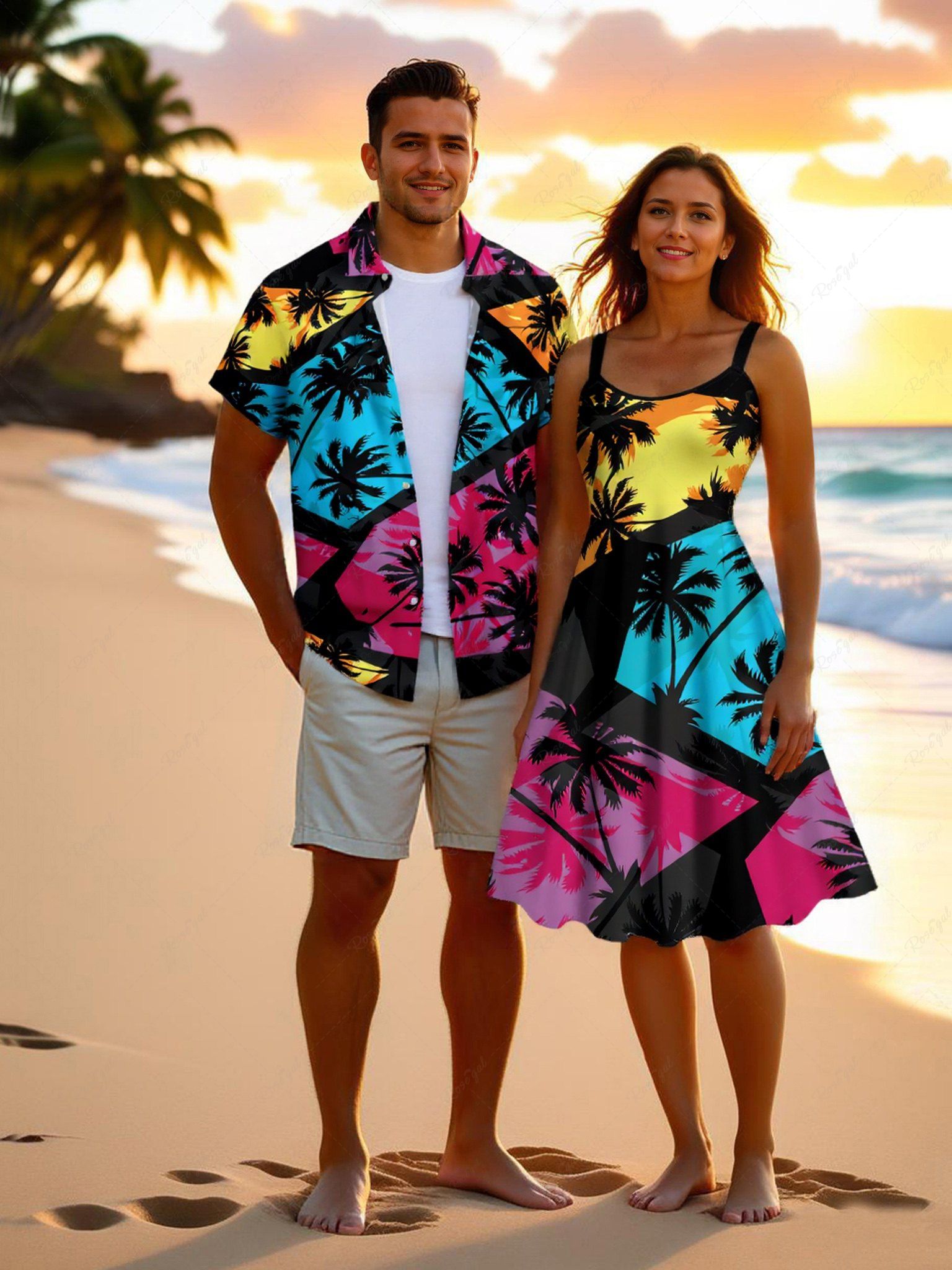 Tenue de plage hawaïenne assortie grande taille à imprimé géométrique cocotier pour couple Rouge 