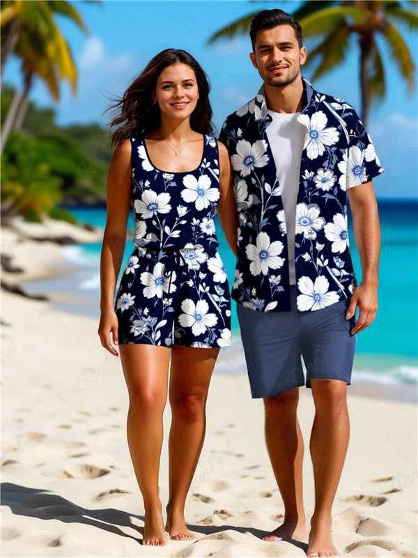 Ensemble chemise et barboteuse hawaïennes assorties, grande taille, imprimé branches de fleurs d'hibiscus, pour couples Bleu de Minuit 