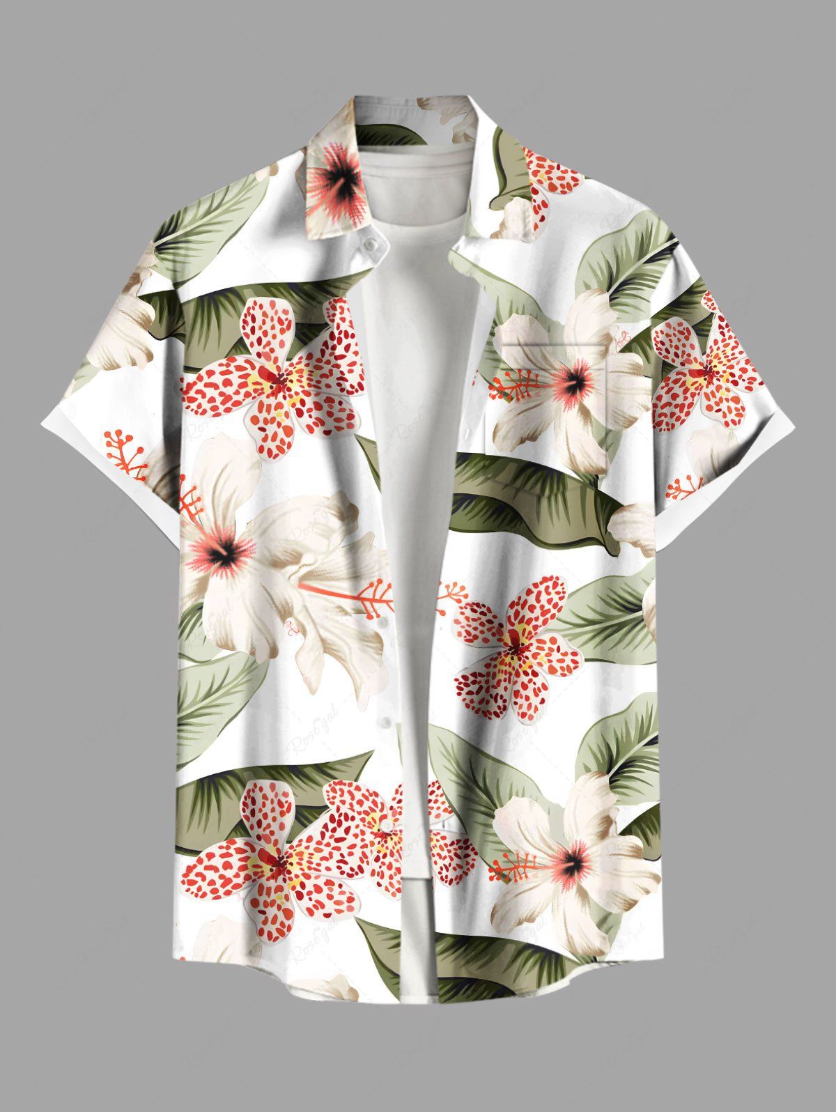 Chemise hawaïenne grande taille à imprimé tropical, fleurs d'hibiscus et feuilles, avec poches et boutons, pour homme Blanc S