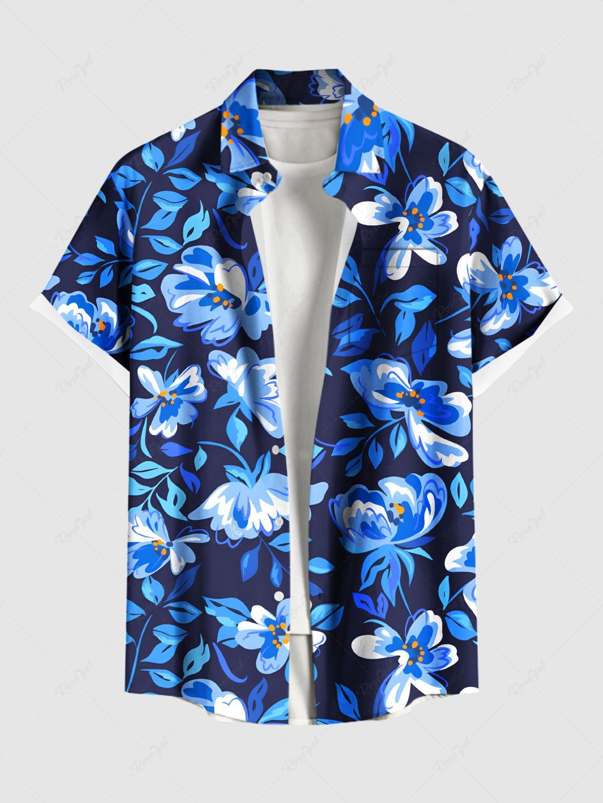 Hot Plus Size Flowers Leaf Tropical Print Buttons Pocket Hawaii Shirt For Men  