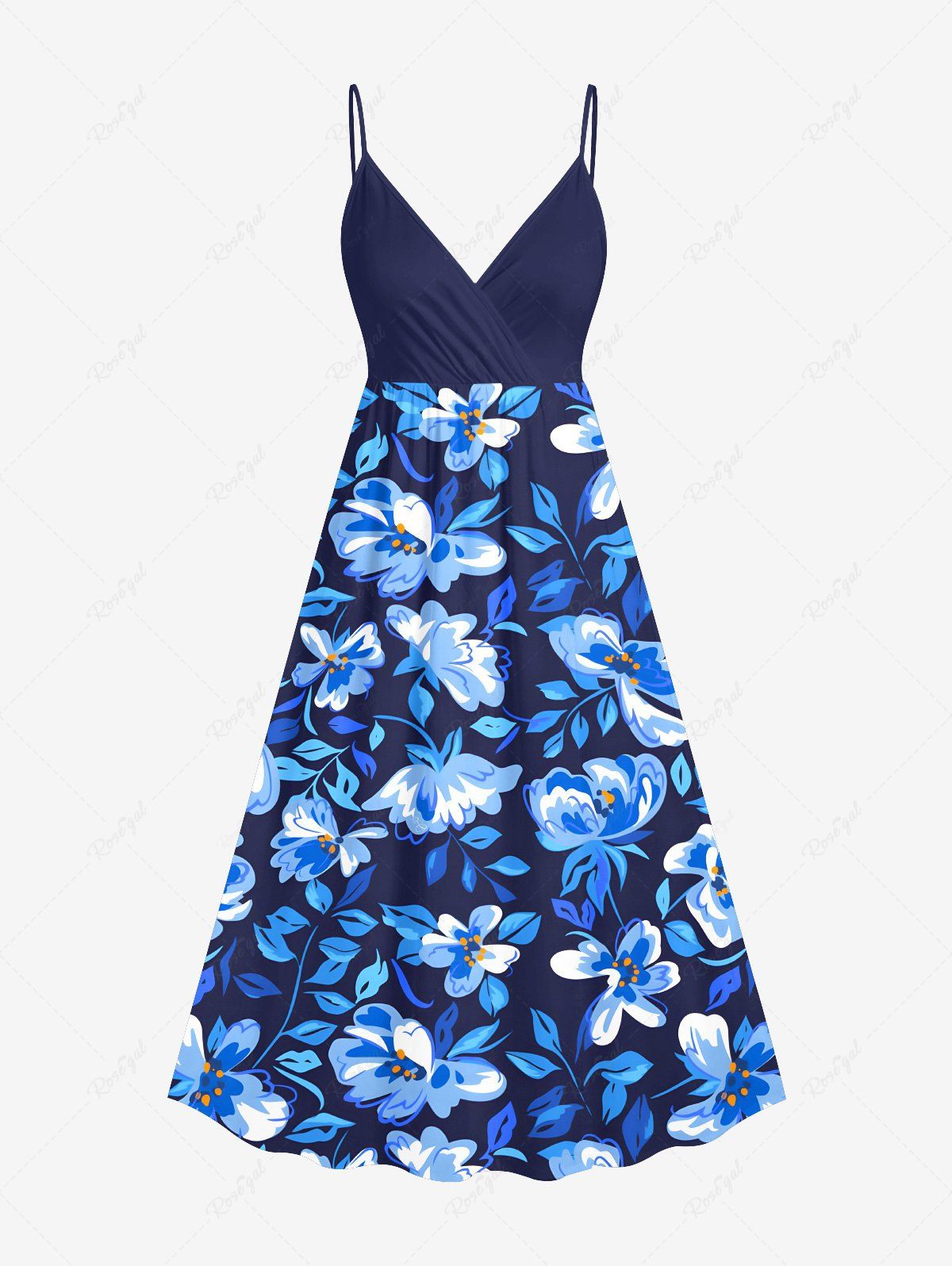 Trendy Plus Size Flowers Leaf Tropical Print Surplice Hawaii Cami Dress  