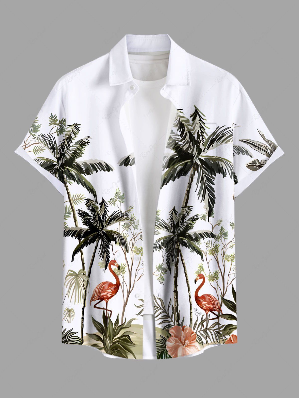 Chemise hawaïenne grande taille à imprimé cocotier, flamant rose, hibiscus et fleurs, boutons et poches pour homme Blanc XL