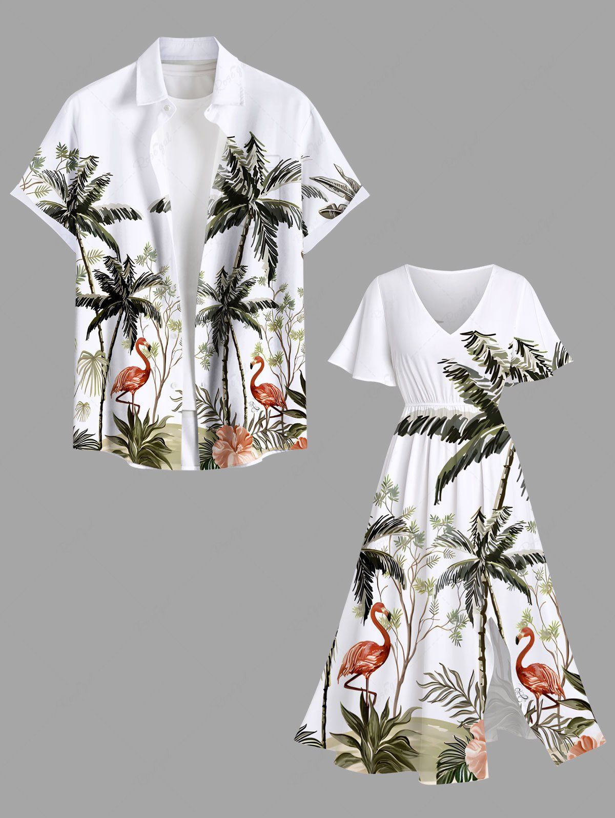 Tenue de plage hawaïenne assortie grande taille, motif cocotier, flamant rose et fleurs d'hibiscus, pour couples Blanc 