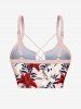 Tropical Leaf Hibiscus Flower Print Hawaii Lace Up Tankini Top and Swim Bottom Plus Size Matching Set -  