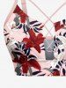 Tropical Leaf Hibiscus Flower Print Hawaii Lace Up Tankini Top and Swim Bottom Plus Size Matching Set -  