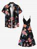 Tenue de plage hawaïenne assortie grande taille à imprimé feuilles tropicales et fleurs d'hibiscus pour couples - Noir 