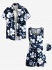 Ensemble chemise et barboteuse hawaïennes assorties, grande taille, imprimé branches de fleurs d'hibiscus, pour couples - Bleu de Minuit 