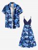 Tenue de plage hawaïenne assortie grande taille à imprimé tropical fleurs et feuilles pour couples - Bleu 