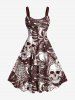 Tenue de plage hawaïenne assortie grande taille avec imprimé tête de mort, feuilles tropicales et fleurs d'hibiscus pour couples - café 