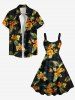 Robe débardeur trapèze hawaïenne grande taille à imprimé feuilles tropicales et fleurs d'hibiscus - Noir 2X