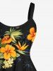 Plus Size Tropical Leaf Hibiscus Flower Print Hawaii A Line Tank Dress - Noir 5X
