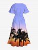 Robe mi-longue trapèze grande taille à imprimé cocotiers, dégradé, coucher de soleil et crépuscule, style hawaïen, avec poches fendues - Bleu clair L