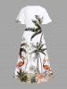 Robe mi-longue hawaïenne fendue grande taille à imprimé cocotier, flamant rose et fleurs d'hibiscus - Blanc 5X