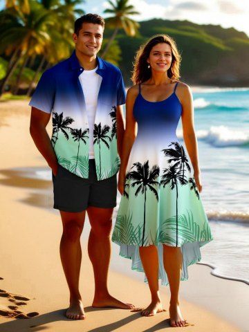 Coconut Tree Ombre Colorblock Print Plus Size Matching Hawaii Beach Outfit For Couples - BLUE
