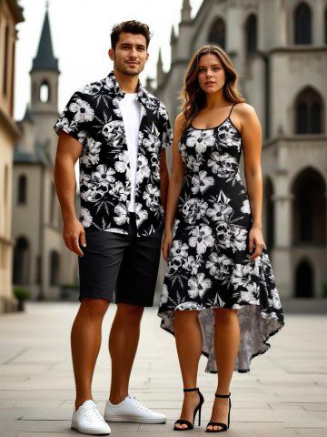Tropical Flower Skulls Print Plus Size Matching Hawaii Beach Outfit For Couples - BLACK