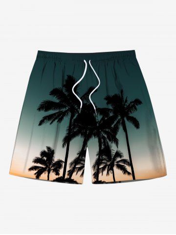 Plus Size Coconut Tree Ombre Galaxy Print Hawaii Drawstring Pocket Beach Shorts For Men - GREEN - 8XL
