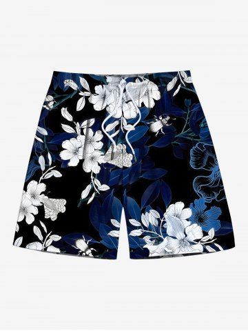 Plus Size Ombre Hibiscus Flower Leaf Branch Print Hawaii Drawstring Beach Shorts For Men - BLUE - 7XL