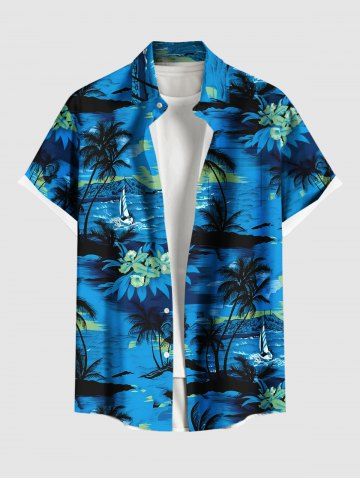 Plus Size Coconut Tree Hibiscus Flower Seascape Print Hawaii Button Pocket Shirt For Men - BLUE - M