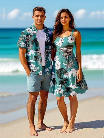 Coconut Tree Tropical Leaf Hibiscus Flower Print Plus Size Matching Hawaii Beach Outfit For Couples - GREEN