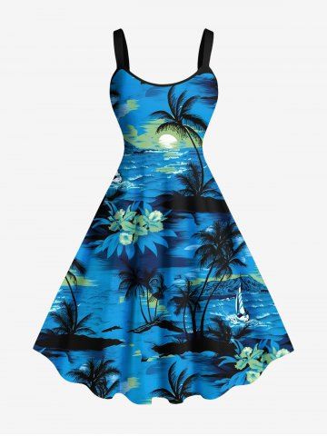 Plus Size Coconut Tree Hibiscus Flower Seascape Print Hawaii A Line Tank Dress - SKY BLUE - L