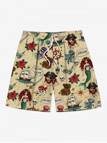 Plus Size Rose Flower Skulls Pirate Mermaid Cruise Print Hawaii Beach Shorts For Men - LIGHT COFFEE - 7XL