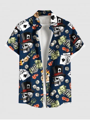 Plus Size Skulls Dealer Poker Dice Print Buttons Pocket Shirt For Men - BLACK - 5XL