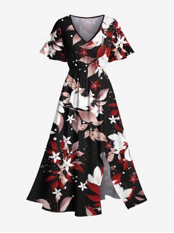 Plus Size Flowers Leaf Star Print Split Hawaii Midi Dress - BLACK - XXS