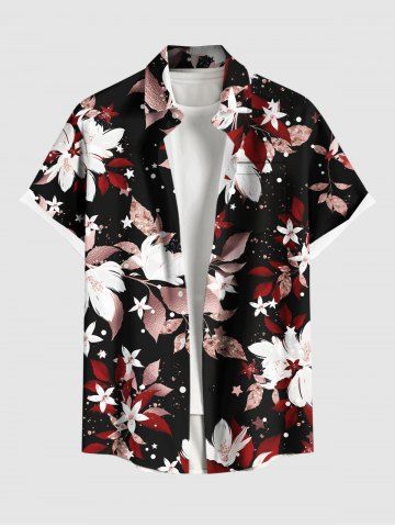 Plus Size Flowers Leaf Star Print Buttons Pocket Hawaii Shirt For Men - BLACK - 5XL