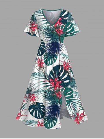 Plus Size Tropical Leaf Flowers Print Split Hawaii Midi Dress - WHITE - XXS