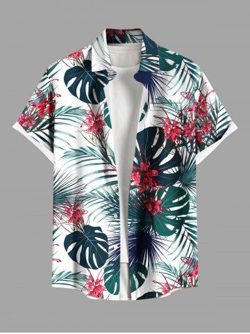 Plus Size Tropical Leaf Flowers Print Buttons Pocket Hawaii Shirt For Men - WHITE - 4XL