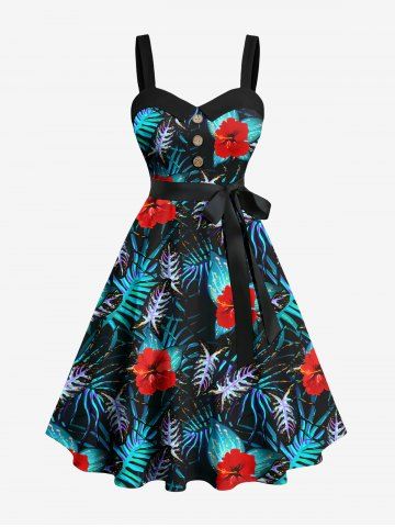 Plus Size Hibiscus Flower Tropical Leaf Print Buttons Turn Down Collar Hawaii Dress With Belt
