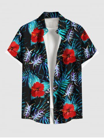 Plus Size Hibiscus Flower Tropical Leaf Print Buttons Pocket Hawaii Shirt For Men - BLACK - 5XL