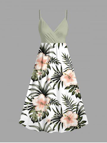 Plus Size Hibiscus Flowers Tropical Leaf Print Surplice Hawaii Cami Dress - WHITE - 5X