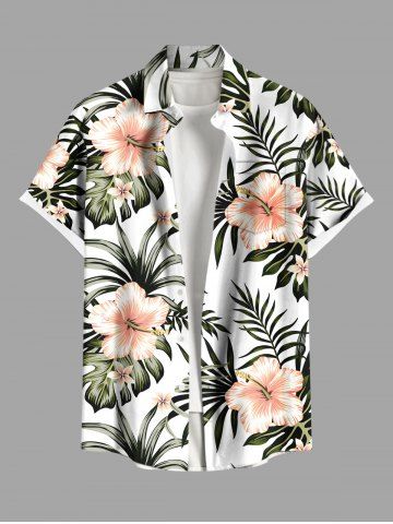 Plus Size Hibiscus Flowers Tropical Leaf Print Buttons Pocket Hawaii Shirt For Men - WHITE - 2XL