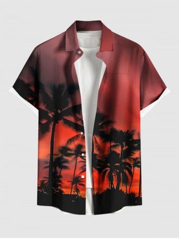 Plus Size Coconut Tree Ombre Dusk Print Hawaii Button Pocket Shirt For Men - RED - 6XL