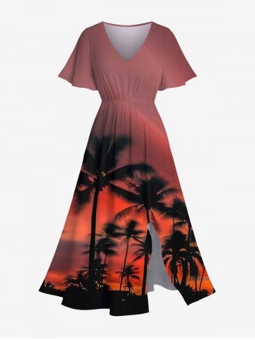 Plus Size Coconut Tree Ombre Dusk Print Hawaii Split Pocket A Line Midi Dress - RED - L