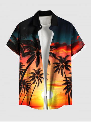 Plus Size Coconut Tree Sun Ombre Dusk Print Hawaii Button Pocket Shirt For Men - ORANGE - XL