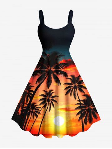 Plus Size Coconut Tree Sun Ombre Dusk Print Hawaii A Line Tank Dress - BLACK - 2X