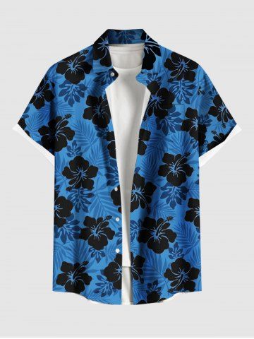 Plus Size Ombre Tropical Leaf Hibiscus Flower Print Hawaii Button Pocket Shirt For Men - BLUE - 4XL