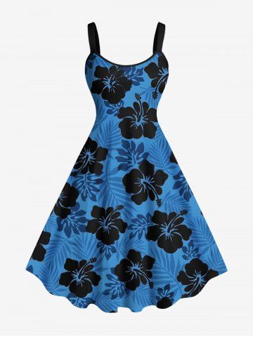 Plus Size Ombre Tropical Leaf Hibiscus Flower Print Hawaii A Line Tank Dress - BLUE - XS