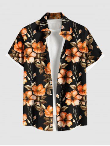 Plus Size Hibiscus Flower Leaf Branch Print Hawaii Button Pocket Shirt For Men - BLACK - S