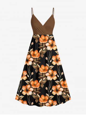 Plus Size Hibiscus Flower Leaf Branch Print Hawaii Surplice A Line Cami Dress - BLACK - 5X