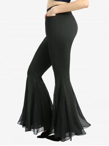 Sheer Mesh Patchwork Pockets Ruffles Flare Pants - BLACK - M