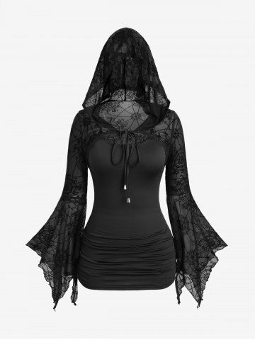Spider Web Flocking Lace Trim Ruched Drawstring Flare Sleeves Hooded Top - BLACK - S