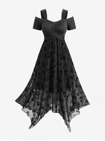 Ruched Skulls Flocking Mesh Asymmetrical Cold Shoulder Dress - BLACK - L