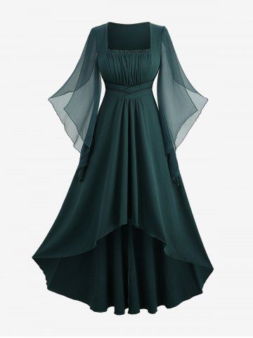 Ruched Ruffles Panel Sheer Mesh Flare Sleeves Textured High Low Dress - DEEP GREEN - XL
