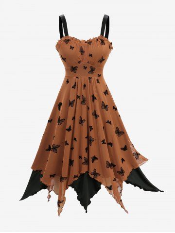 Butterfly Flocking Layered Handkerchief Caimi Dress - COFFEE - M