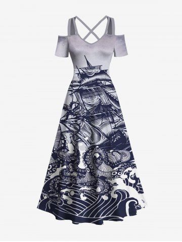 Plus Size Octopus Sea Waves Sailboat Cruise Print Cold Shoulder Crisscross Hawaii Maxi Dress - GRAY - XXS